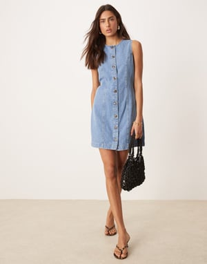 Nobody's Child Ned denim pinny mini dress in mid vintage wash