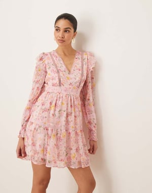 Vila ladder lace frill detail mini dress in peach floral print