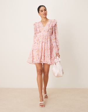 Vila ladder lace frill detail mini dress in peach floral print