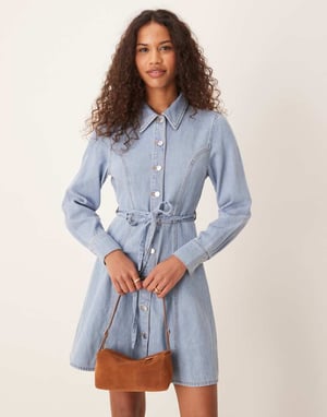 JDY belted denim mini dress in light wash blue
