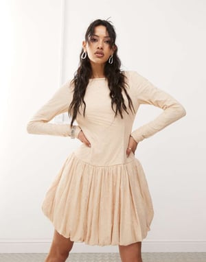 Amy Lynn scoop back allover lace mini dress with bubblehem in milk