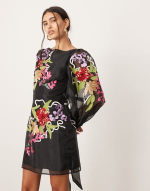 ASOS EDITION organza långärmad broderad knytning mini-klänning i svart