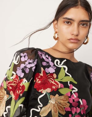 ASOS EDITION organza långärmad broderad knytning mini-klänning i svart