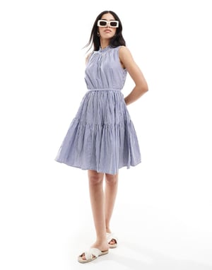 French Connection high neck tiered poplin mini dress in blue and white stripe