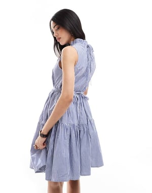 French Connection high neck tiered poplin mini dress in blue and white stripe