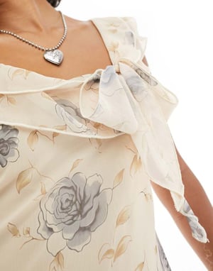 Motel vintage rose print ruffle mini dress in pale yellow