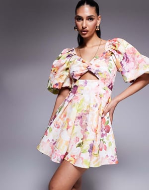 ASOS LUXE printed twisted front puff sleeve skater in floral