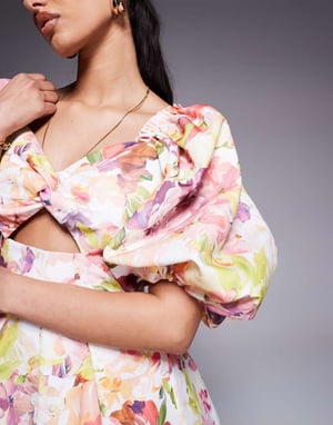 ASOS LUXE printed twisted front puff sleeve skater in floral