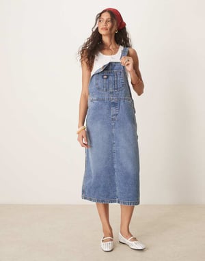 Dickies long overall denim dungaree dress in rinsed blue with fade