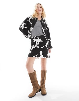 Object stretch denim mini skirt co-ord in black cow print