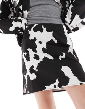 Object stretch denim mini skirt co-ord in black cow print
