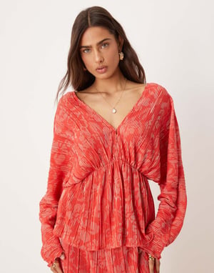YAS floral printed plunge front plisse top co-ord in red and pink