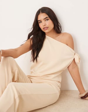 ASOS DESIGN cupro one shoulder tie detail top co-ord in buttermilk