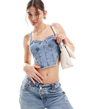 Miss Selfridge denim söm-ärm top i blå syra tvätt