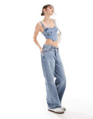 Miss Selfridge denim söm-ärm top i blå syra tvätt