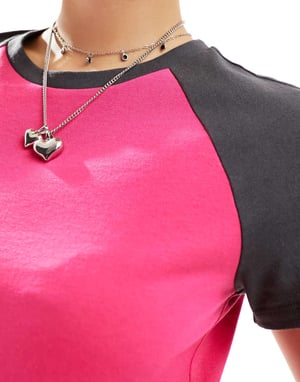 Urban Revivo raglan sleeve crop t-shirt in pink and grey