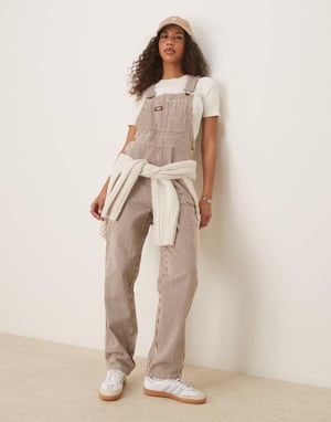 Dickies classic hickory stripe denim dungarees in cappuccino brown