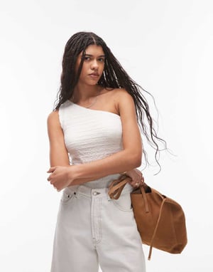 Topshop crinkle one shoulder top in off white