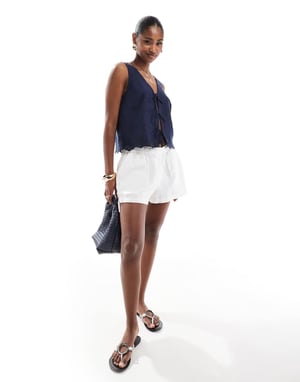 Hollister tie front linen top in navy blue