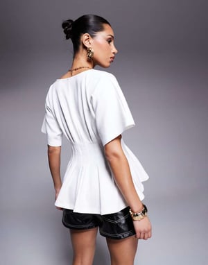 ASOS DESIGN interlock V neck tshirt with pleated waist in cream