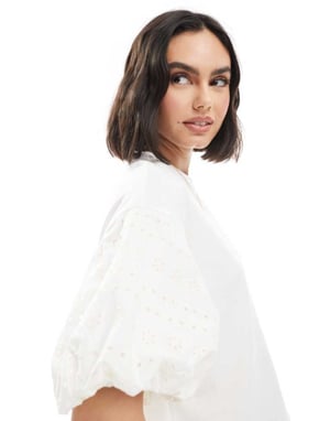 Miss Selfridge broderie puff sleeve t-shirt in white