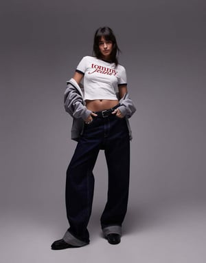 Tommy Jeans script ringer t-shirt in off white and navy