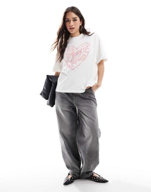 Cotton On premium boxy tee with okay fine graphic in white and pink