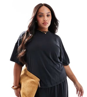 Pieces Curve slinky super soft boxy t-shirt co-ord in black