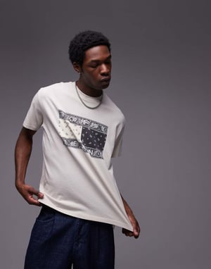 Tommy Jeans large paisley flag t-shirt in off white and black