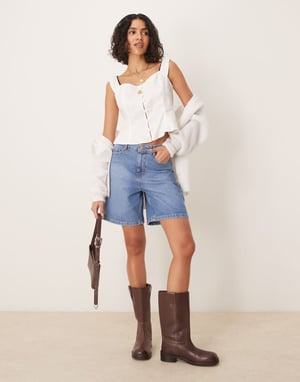Nobody's Child Brixton longline denim shorts in mid wash