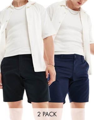 ASOS DESIGN 2-pack slim fit stretch chinoshortser i svart och marinblå spara