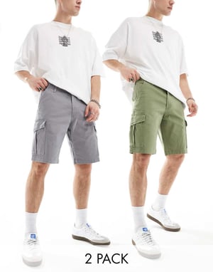 Jack & Jones 2-pack cargoshorts i grå och khaki