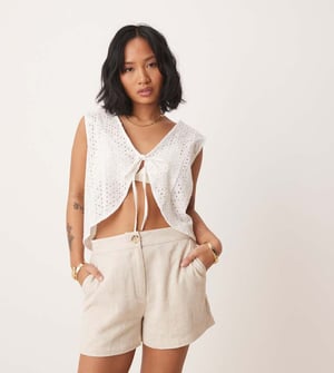ASOS DESIGN Petite relaxed dad shorts with linen in stone
