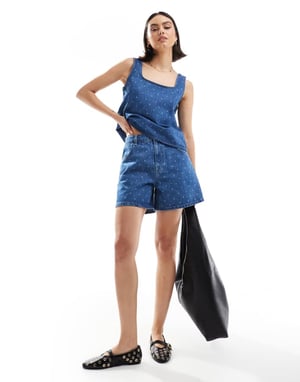 ASOS DESIGN denim dad short in polka dot print in mid blue
