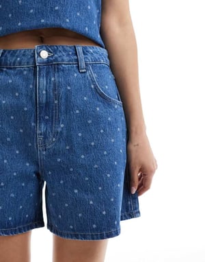 ASOS DESIGN denim dad short in polka dot print in mid blue