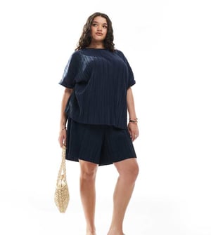 Vero Moda Curve plisse short co-ord in navy