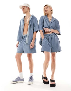 Återvunnen vintage unisex cordshorts i blått set