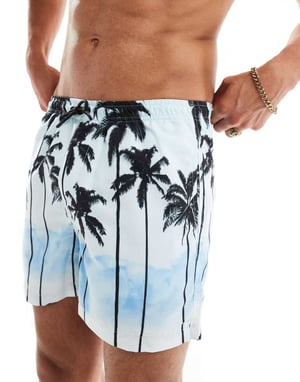 ONLY & SONS badshorts med retro palmtryck i ljusblått