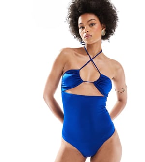 ASOS DESIGN Tall Maya rynkad nyckelhål halterneck baddräkt i blått