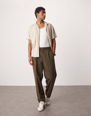 ASOS DESIGN smart oversized tapered pleated trousers in brown with wool twill