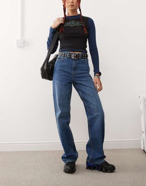 Dr Denim Echo regular fit straight leg in mid blue stone with spray