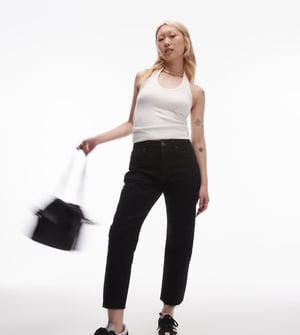 Topshop Petite mid rise straight cropped jean with raw hems in black