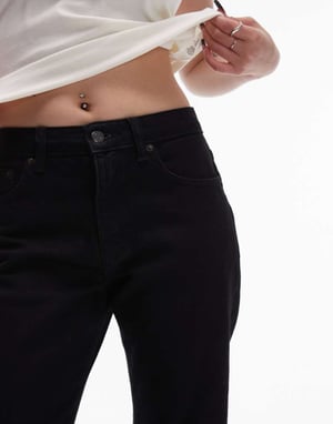 Topshop Petite mid rise straight cropped jean with raw hems in black