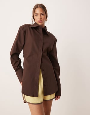 ASOS DESIGN cinch shoulder pad shirt with tie back in chocolate