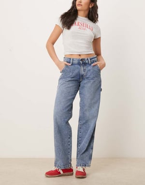 Dickies stevensville baggy carpenter denim jeans in rinsed blue with fade
