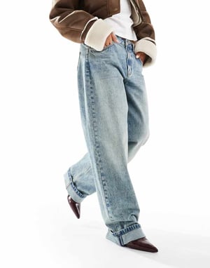 ASOS DESIGN baggy jean with turn up in vintage mid blue