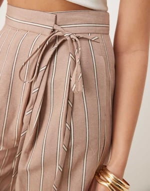 ASOS DESIGN tailored wrap tie trousers with linen in mink stripe