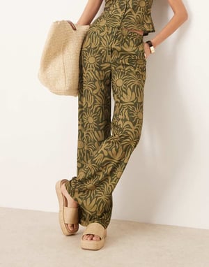 ASOS DESIGN wide leg trouser with floral print co-ord in khaki