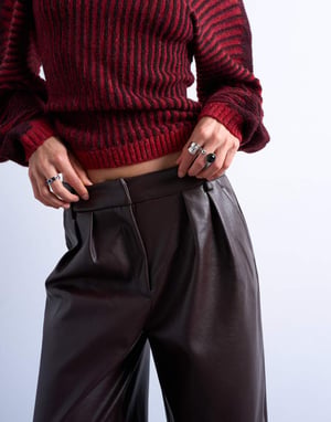 Topshop pleated tailored style wide leg faux leather trouser in burgundy