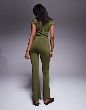 ASOS DESIGN co-ord tie waist flare trouser in khaki